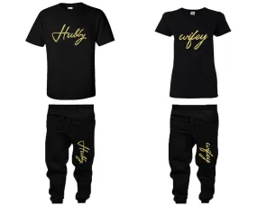 Hubby Wifey Couple Shirts and Jogger Pants,  Gold Foil Design