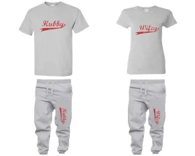 Hubby Wifey Couple Shirts and Jogger Pants, Red Glitter Design