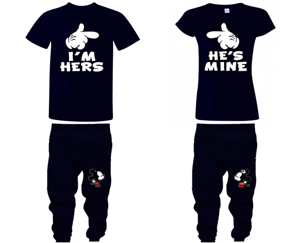 I'm Hers and He's Mine Couple Shirts and Kissing Mickey Jogger Pants, Top & Bottom Sets