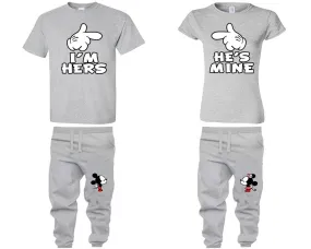 I'm Hers and He's Mine Couple Shirts and Kissing Mickey Jogger Pants, Top & Bottom Sets