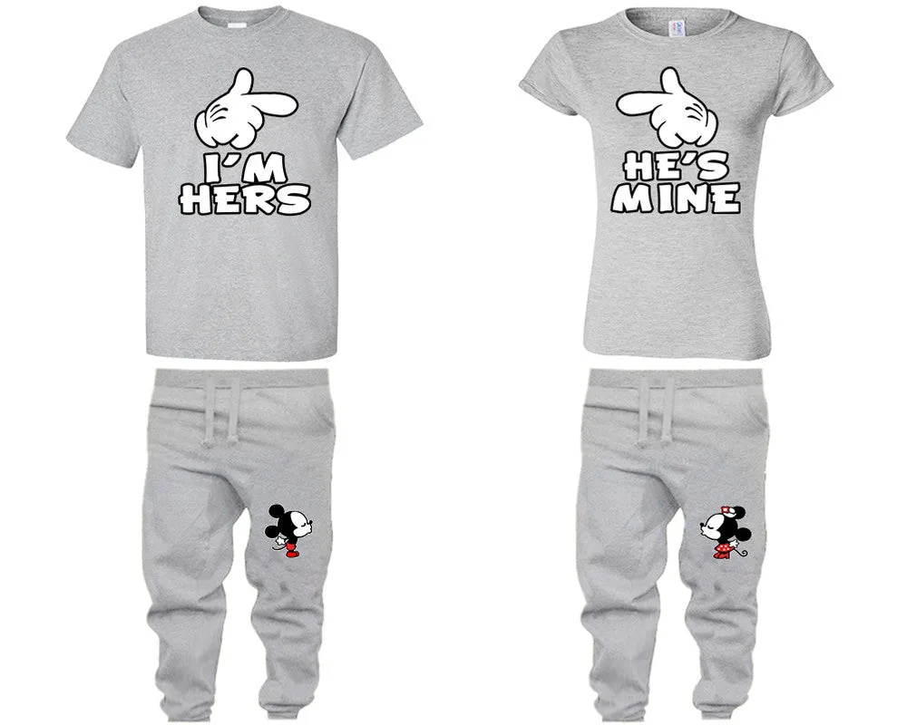 I'm Hers and He's Mine Couple Shirts and Kissing Mickey Jogger Pants, Top & Bottom Sets