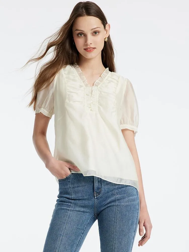 Ivory White V-Neck Women Blouse