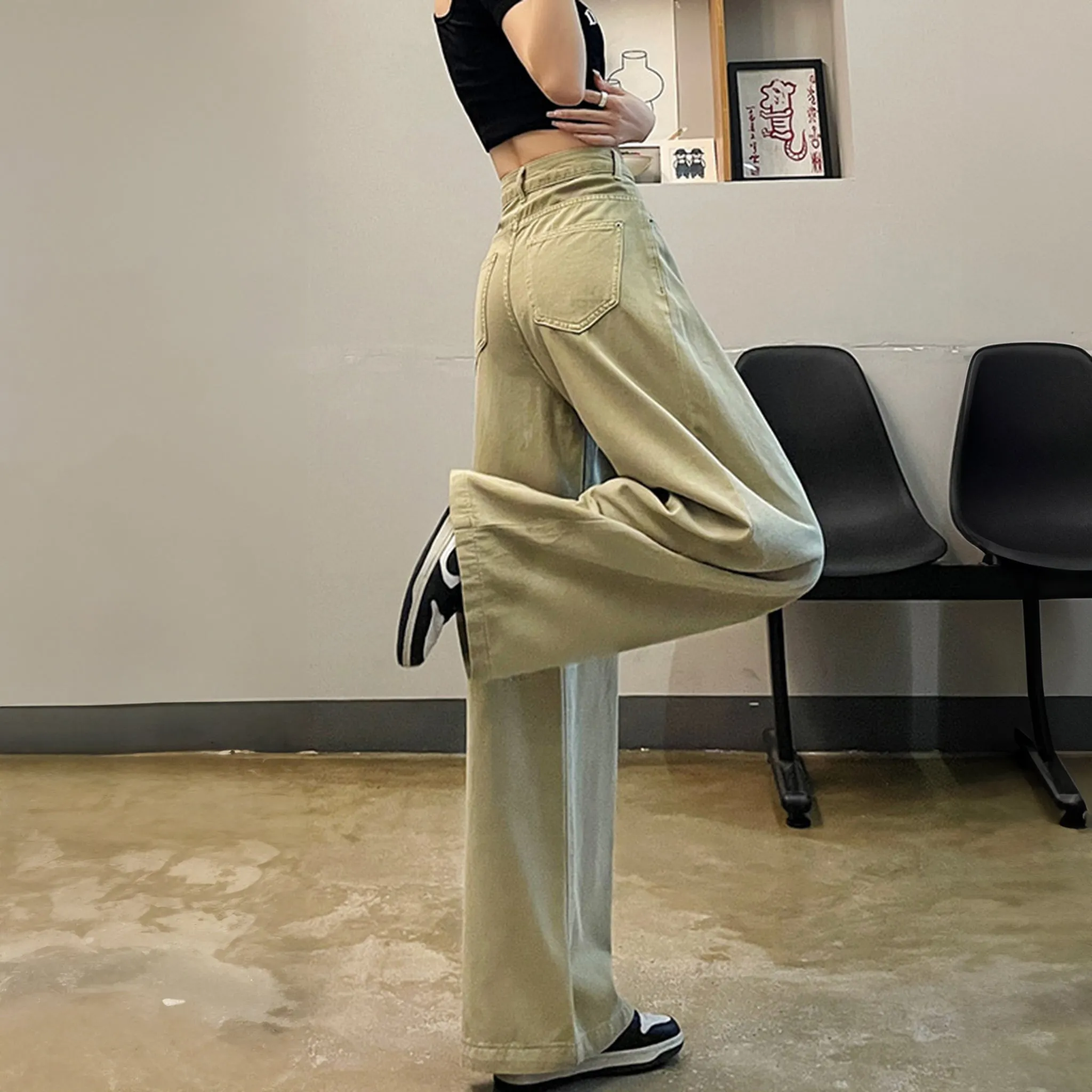 Khaki Cotton Korean baggy pants for women