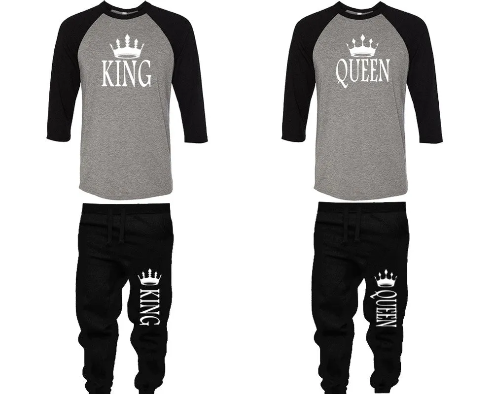 King Queen Couple Matching Baseball Shirts and Jogger Pants Top Bottom Sets