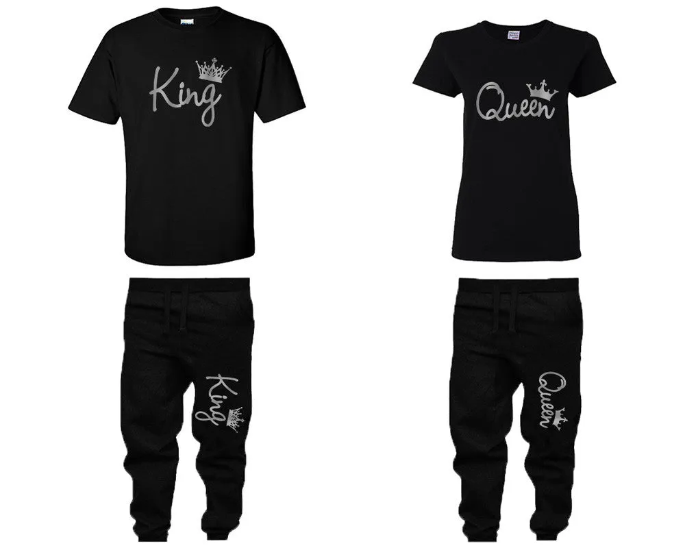 King Queen Couple Shirts and Jogger Pants, Silver Foil Design