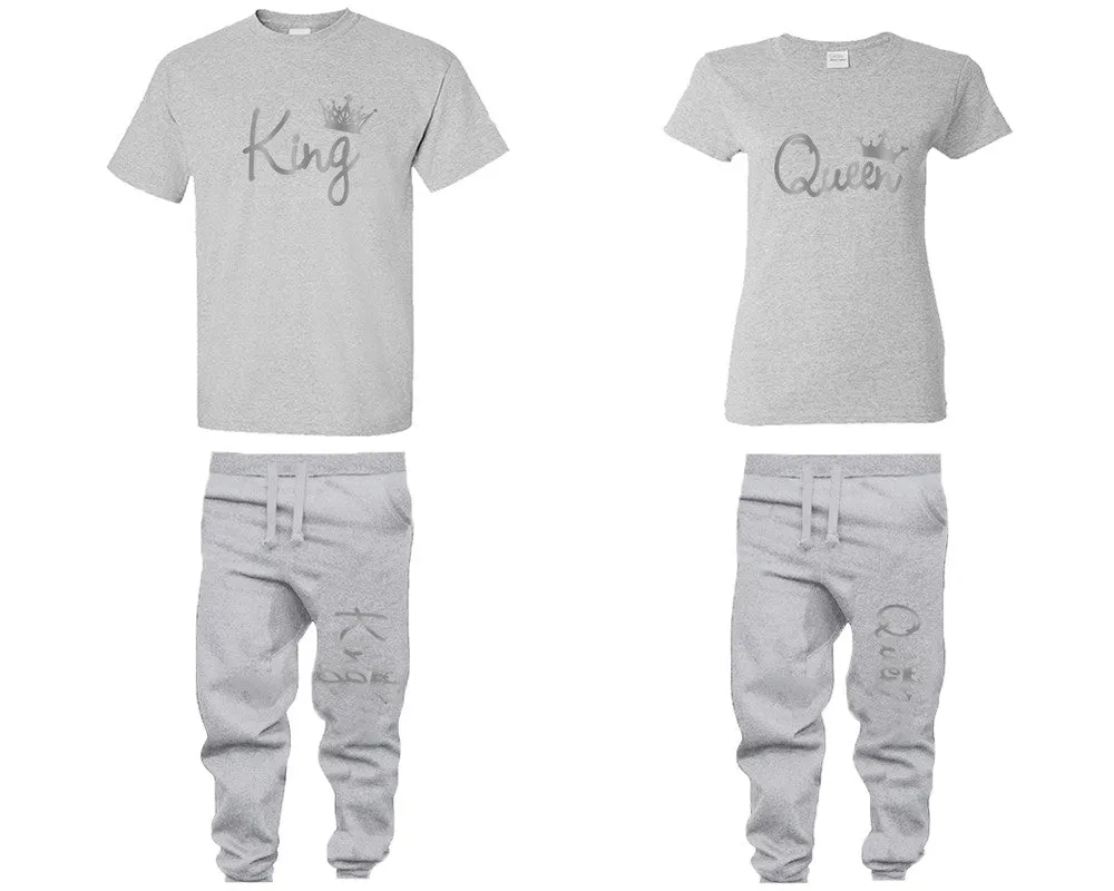 King Queen Couple Shirts and Jogger Pants, Silver Foil Design