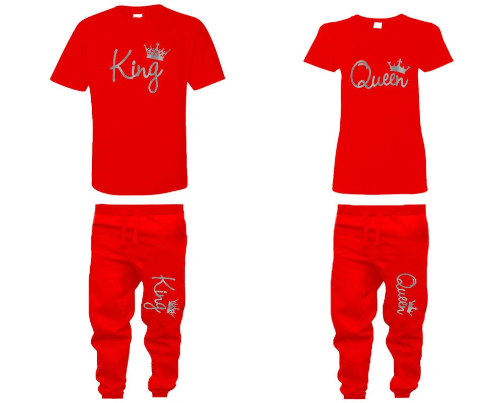 King Queen Couple Shirts and Jogger Pants, Silver Foil Design