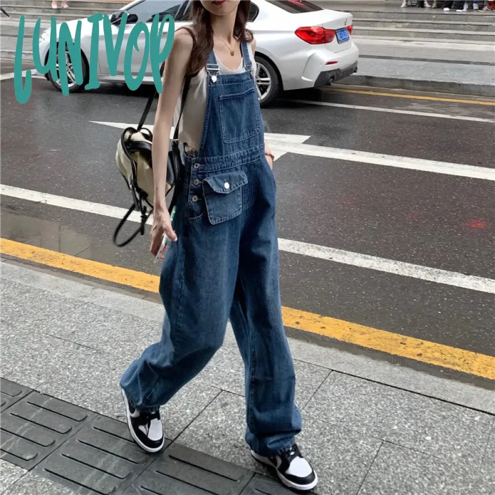 Lunivop 90s streetwear American Retro Suspender Jeans Women's Spring New Loose Slimming Straight Age-Reducing Wide Leg Ins Trousers