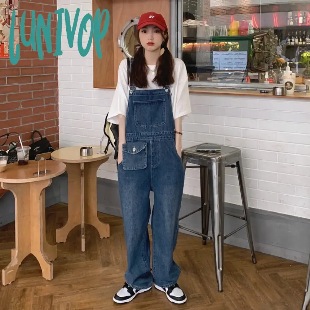 Lunivop 90s streetwear American Retro Suspender Jeans Women's Spring New Loose Slimming Straight Age-Reducing Wide Leg Ins Trousers