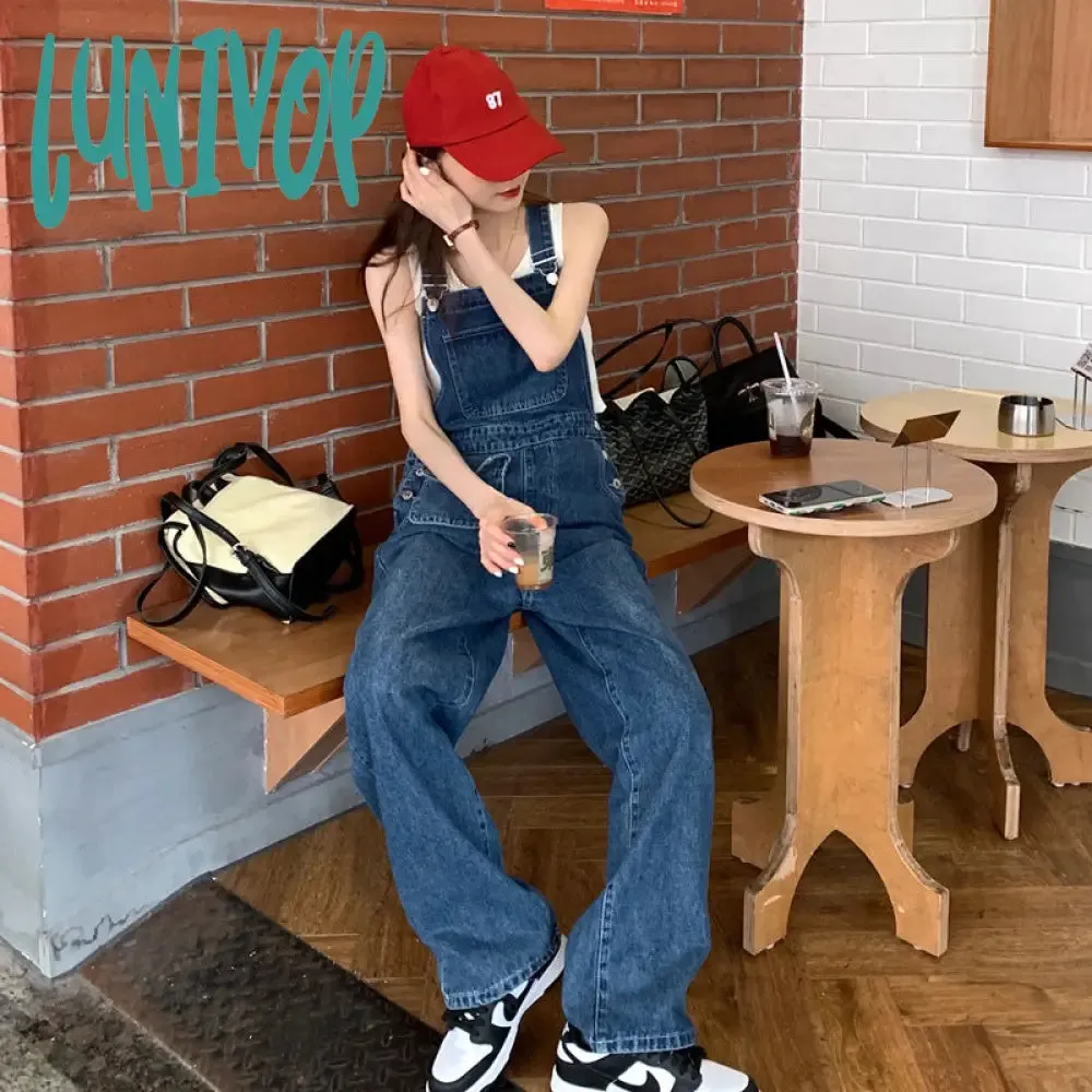 Lunivop 90s streetwear American Retro Suspender Jeans Women's Spring New Loose Slimming Straight Age-Reducing Wide Leg Ins Trousers