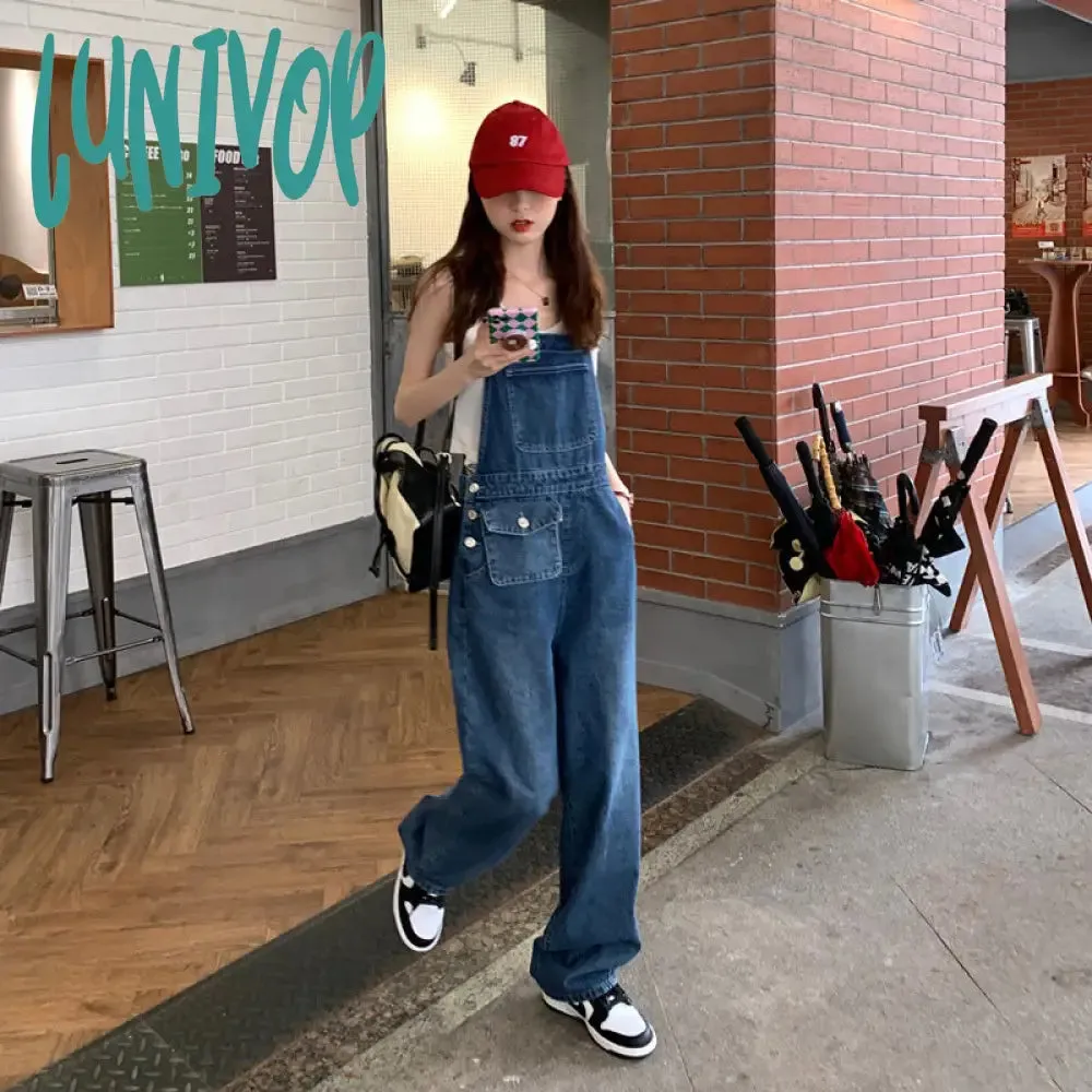 Lunivop 90s streetwear American Retro Suspender Jeans Women's Spring New Loose Slimming Straight Age-Reducing Wide Leg Ins Trousers