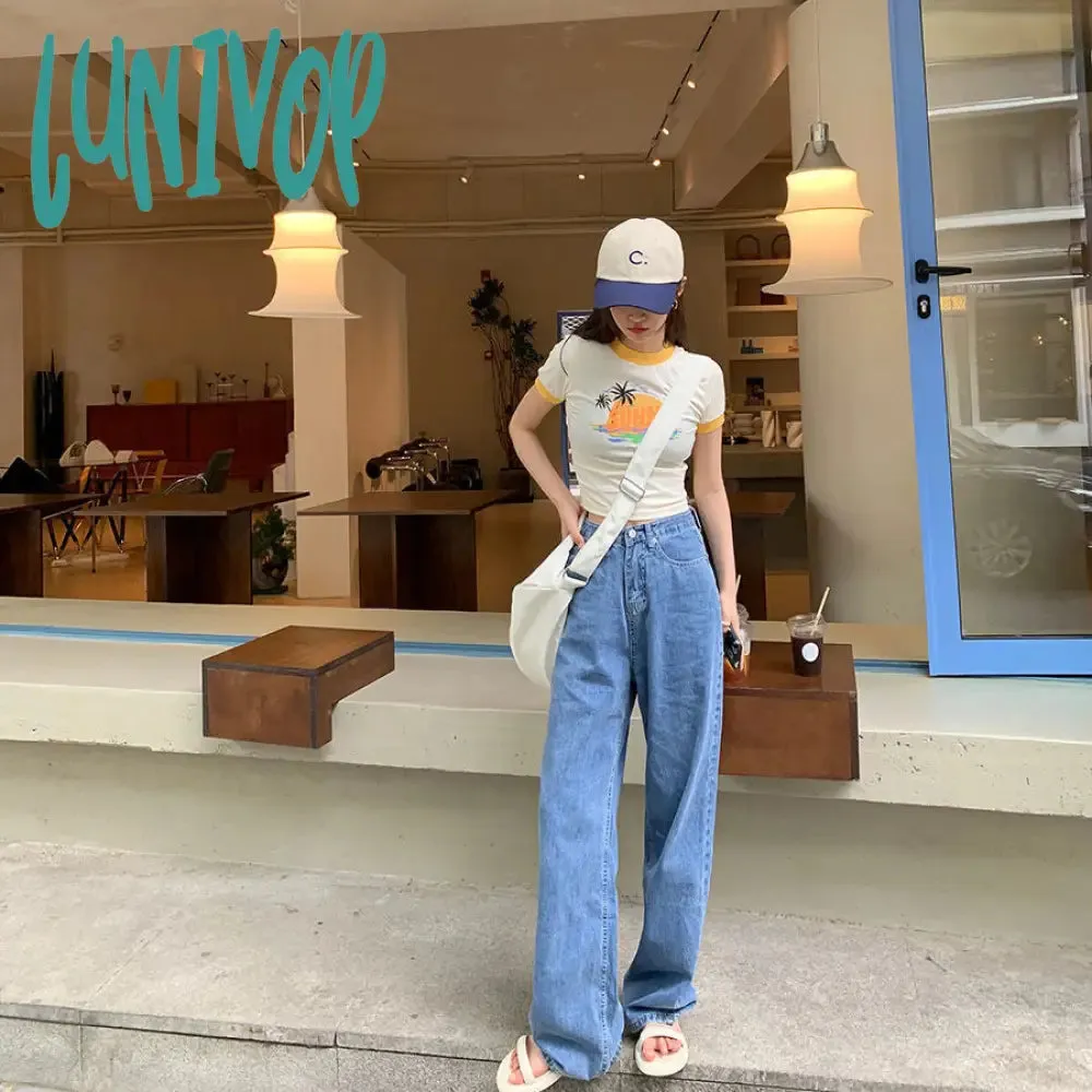 Lunivop 90s streetwear High Waist Straight Jeans Women's Summer Korean Style Ins Retro Versatile Casual Loose Wide Leg Mop Long Pants Fashion