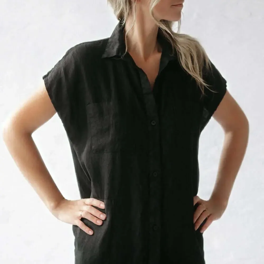 Maxi sleeveless shirt dress in black by Seaside Tones