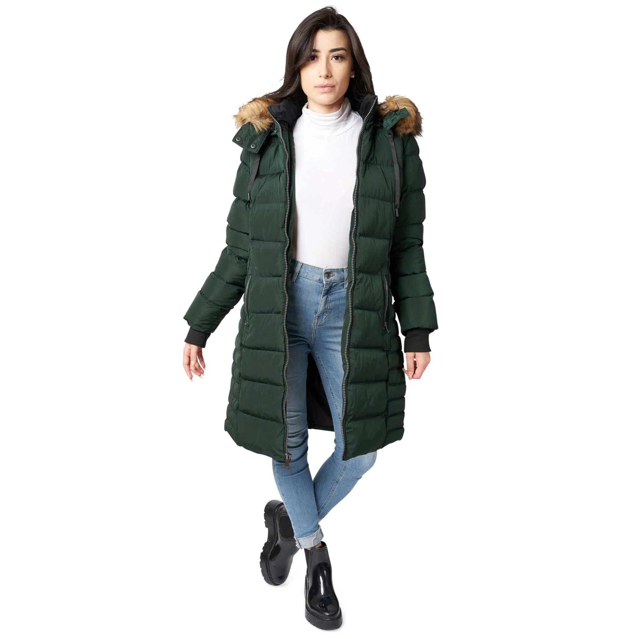 Mid Length Women Winter Coat with Fleece Lining and Fur Trim Hood