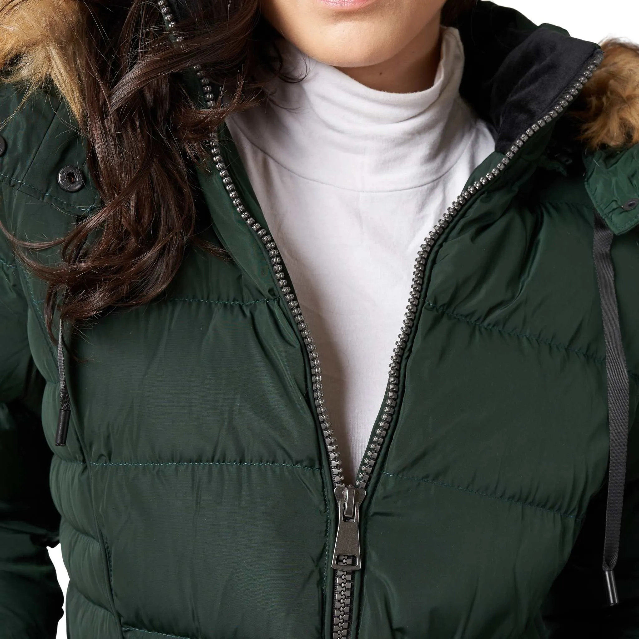 Mid Length Women Winter Coat with Fleece Lining and Fur Trim Hood