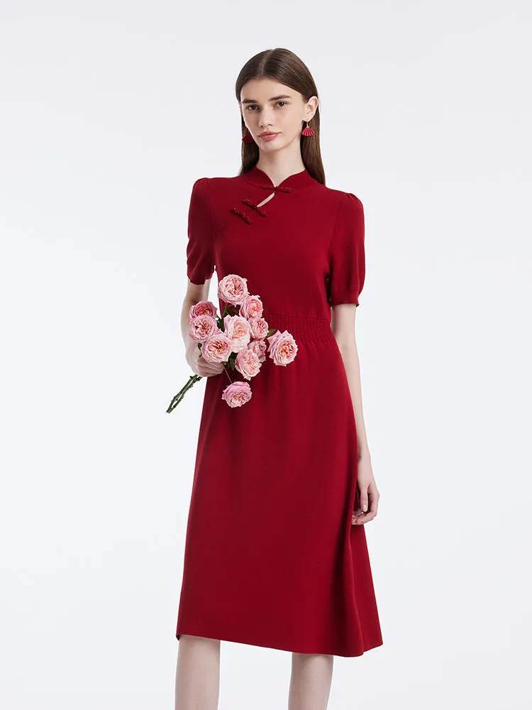 New Chinese-Style Mandarin Collar Knitted Women Midi Qipao Dress