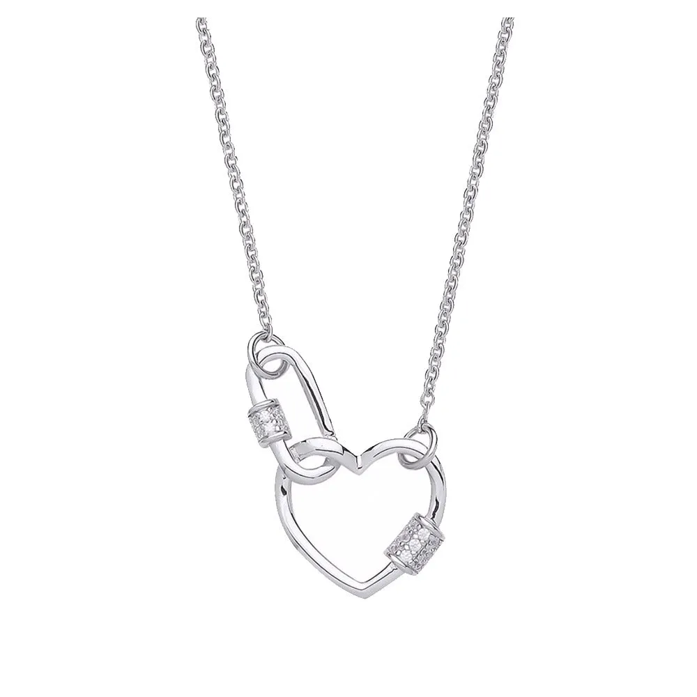 NEW: Locked In Love Heart Carabiner Style Necklace, Sterling Silver and Crystal Zirconia