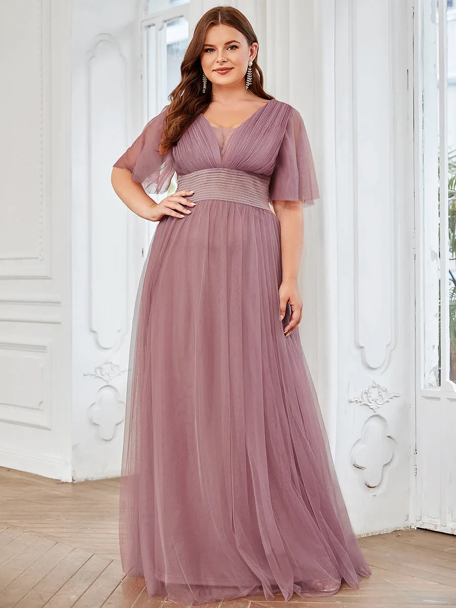 Plus Deep V-Neck Short Ruffles Sleeves A Line Wholesale Bridesmaid Dresses