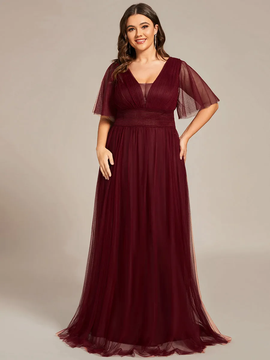 Plus Deep V-Neck Short Ruffles Sleeves A Line Wholesale Bridesmaid Dresses