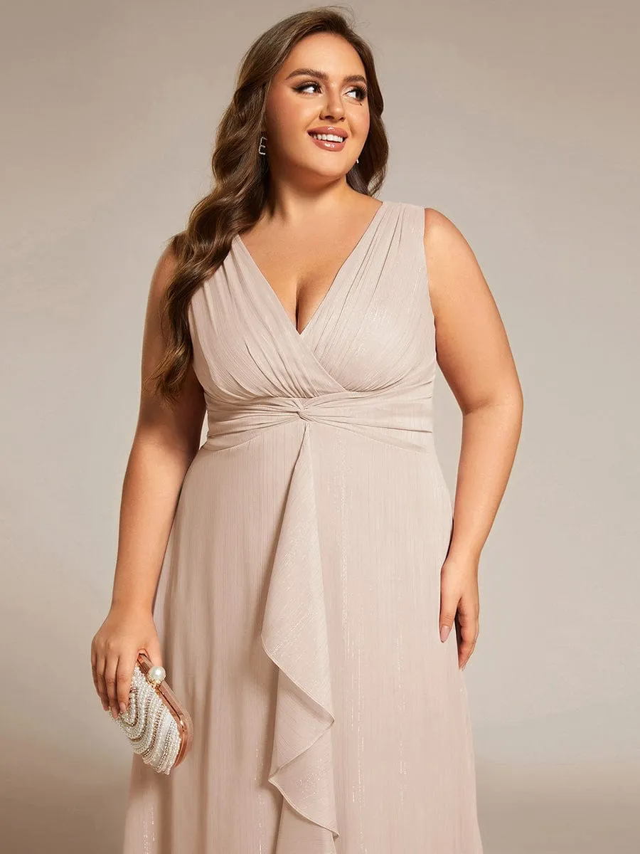 Plus Size Sleeveless Glittery Ruffled V-Neck Midi Wedding Guest Dress