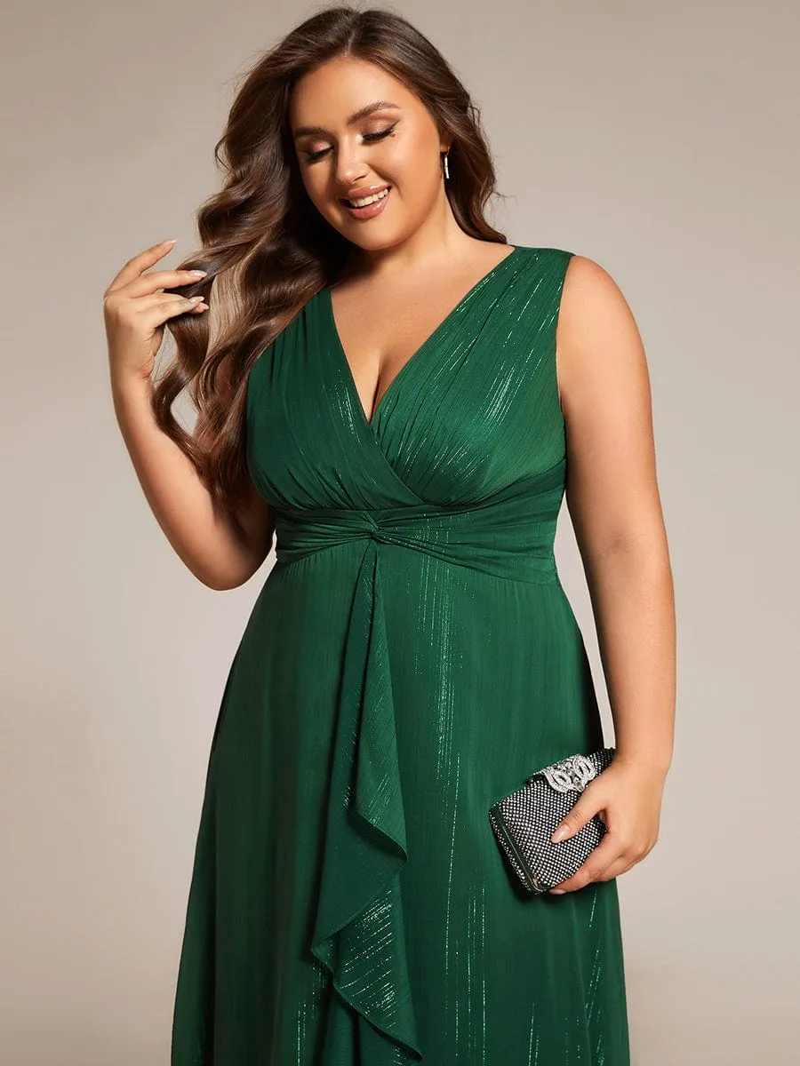 Plus Size Sleeveless Glittery Ruffled V-Neck Midi Wedding Guest Dress