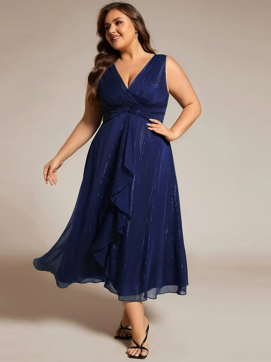 Plus Size Sleeveless Glittery Ruffled V-Neck Midi Wedding Guest Dress