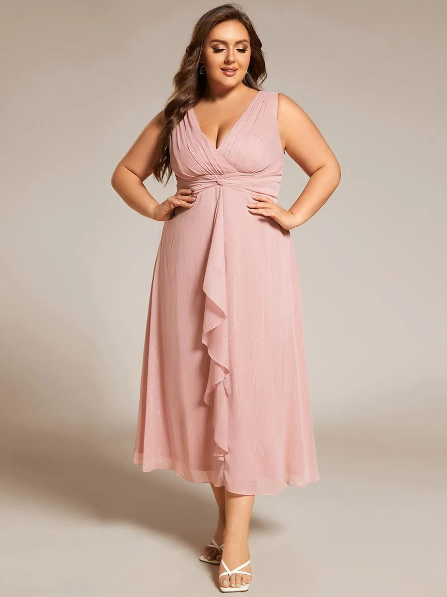 Plus Size Sleeveless Glittery Ruffled V-Neck Midi Wedding Guest Dress