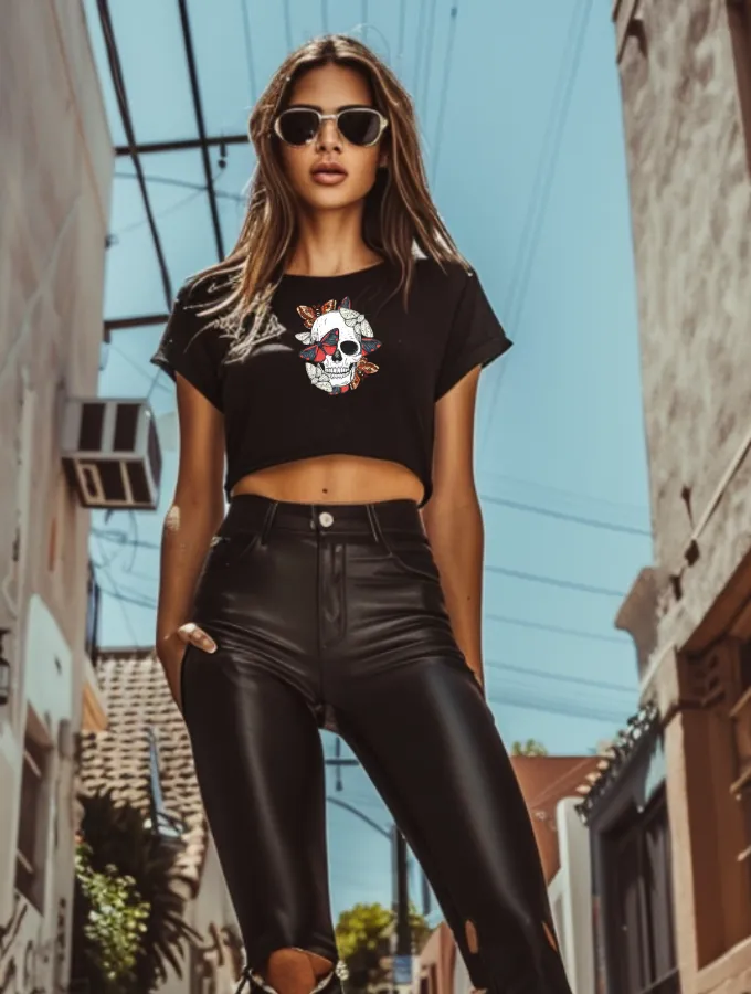 REBEL SKULL CROP - BLACK