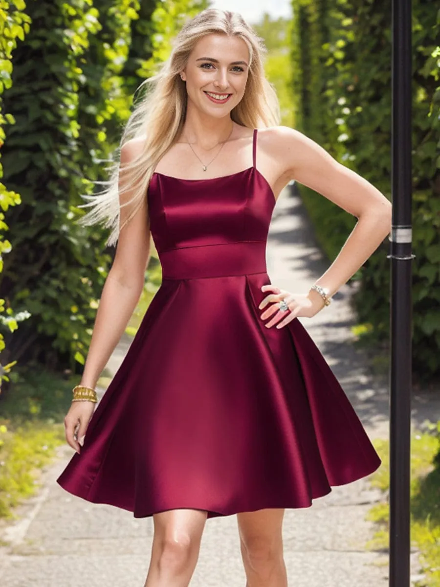 Satin Spaghetti Strap A-Line Backless Short Homecoming Dress