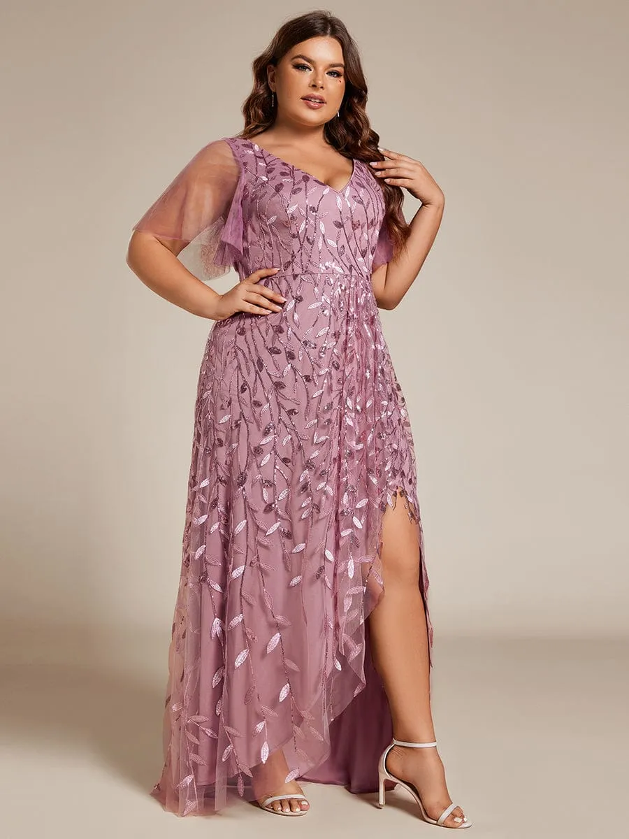 Short Sleeves Sequin High Low V-Neck Midi Formal Evening Dress