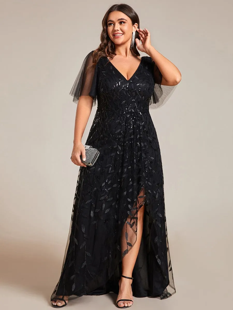 Short Sleeves Sequin High Low V-Neck Midi Formal Evening Dress