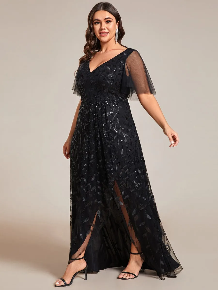 Short Sleeves Sequin High Low V-Neck Midi Formal Evening Dress