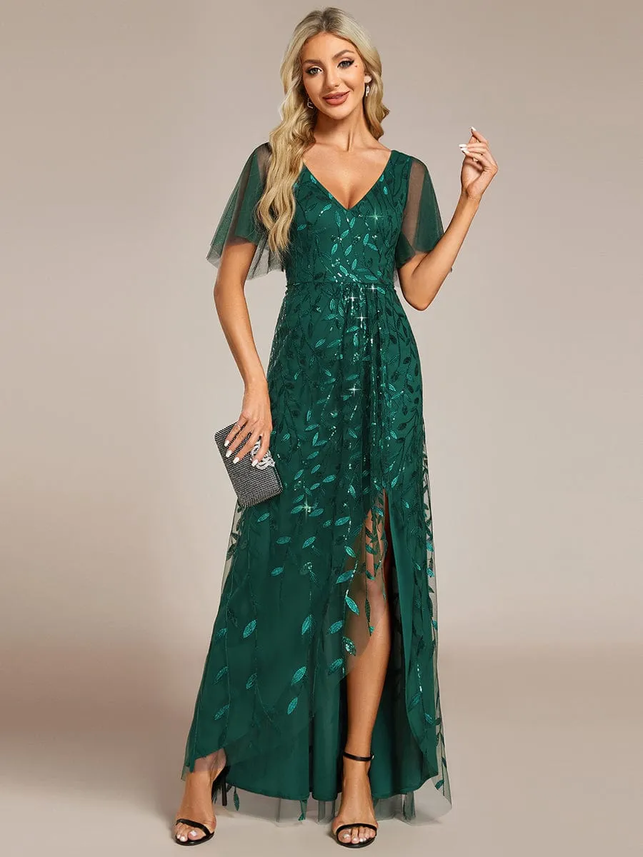 Short Sleeves Sequin High Low V-Neck Midi Formal Evening Dress