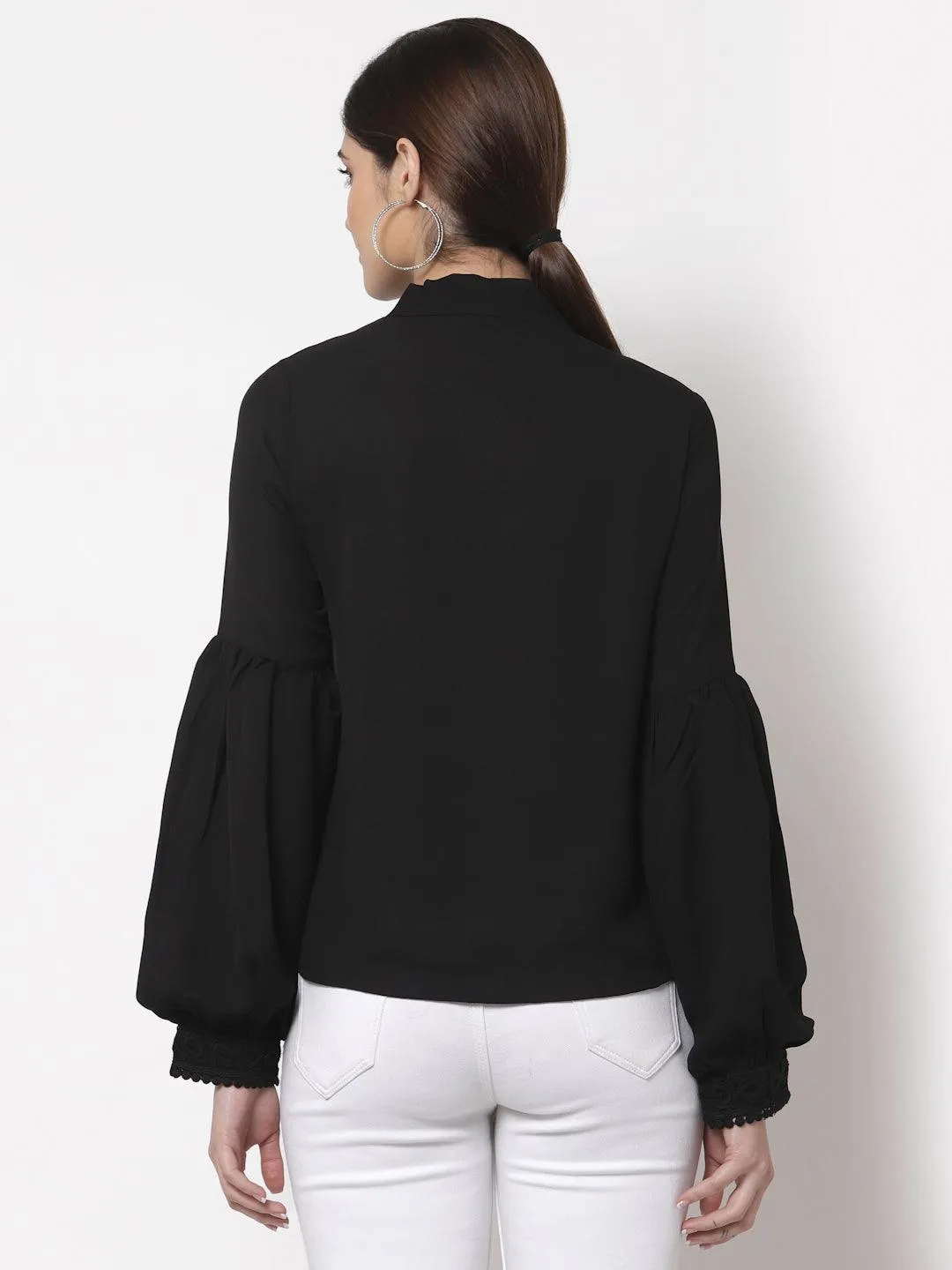 Style Quotient Black Tie-Up Neck Bishop Sleeves Crepe Top