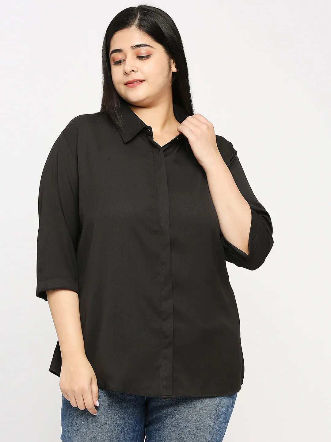 Style Quotient  Plus Women Solid Black Polyester Regular Formal Shirt