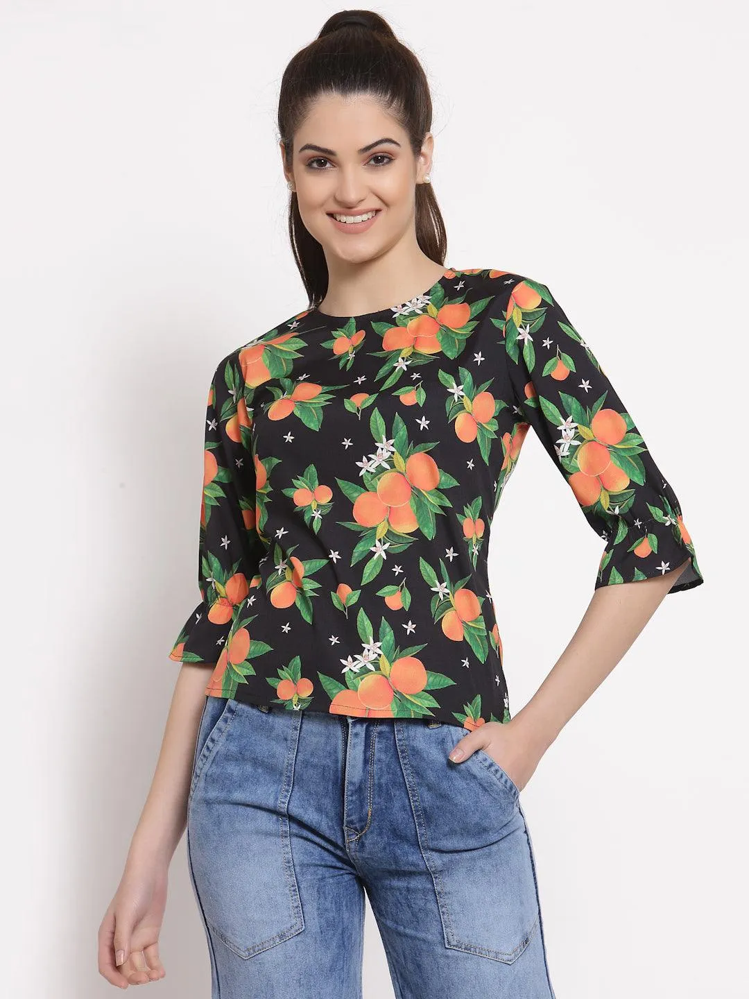 Style Quotient Women Black And Multi Tropical Printed Polycotton Smart Casual Top