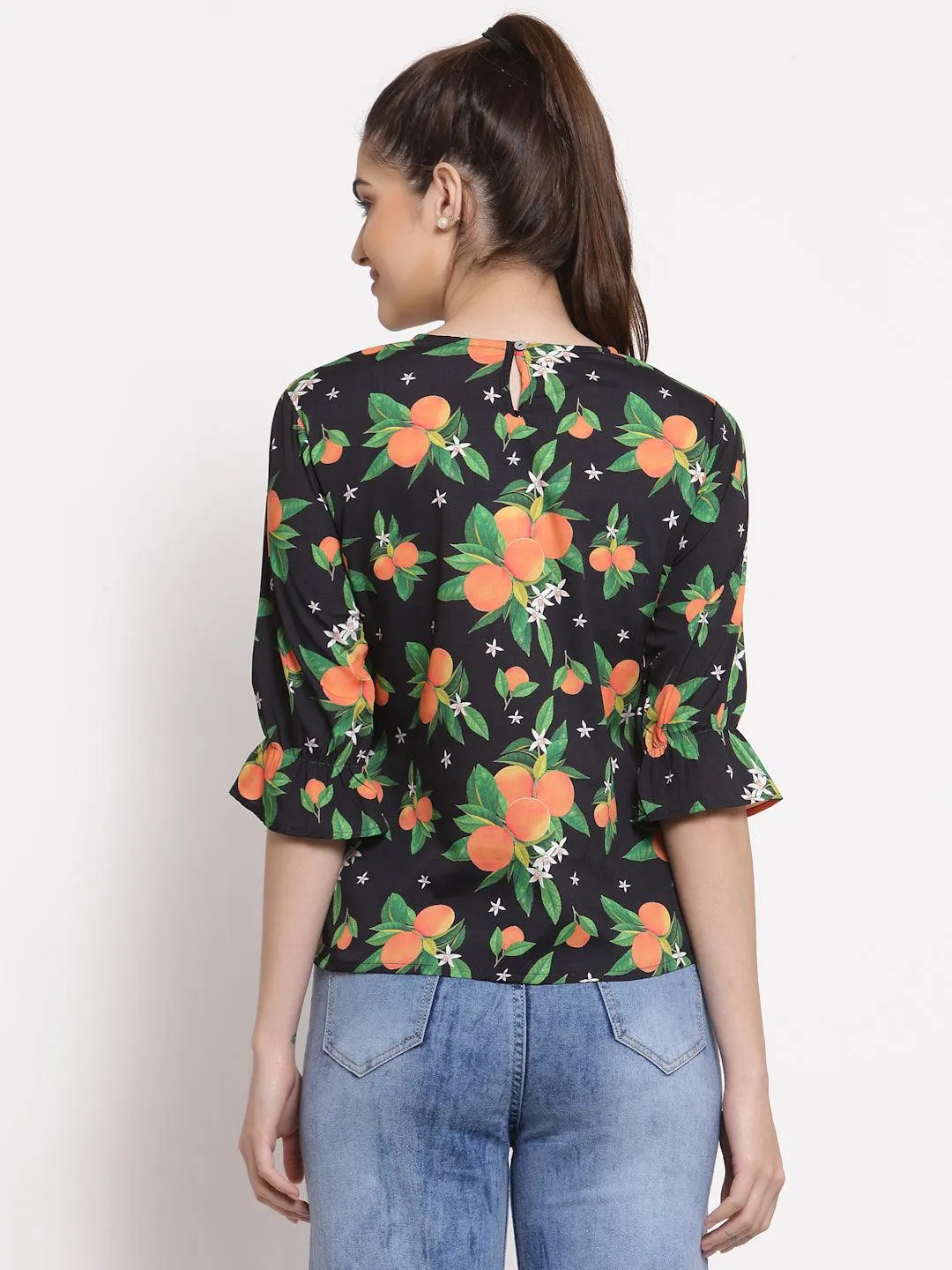 Style Quotient Women Black And Multi Tropical Printed Polycotton Smart Casual Top