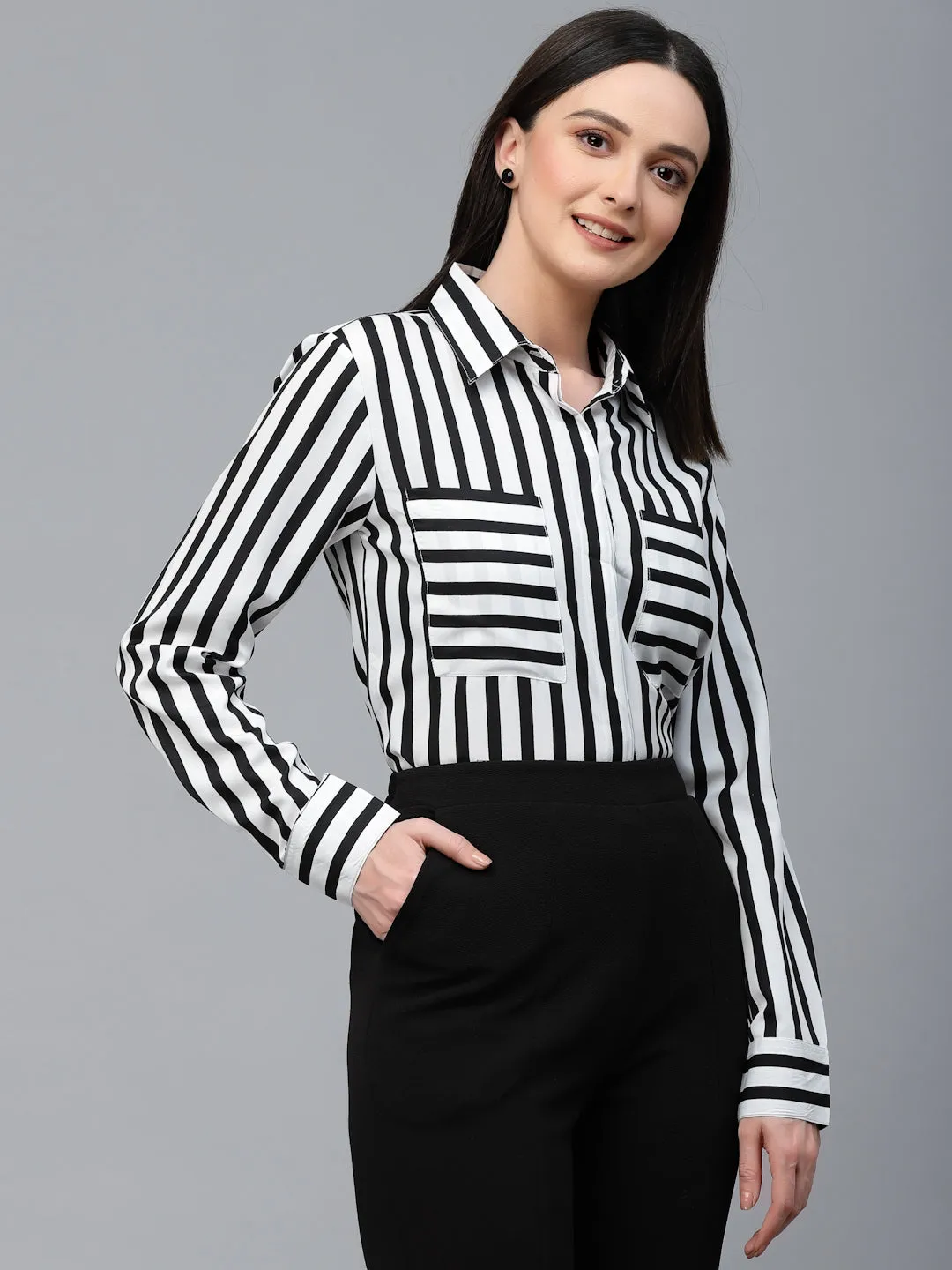 Style Quotient Women Black And White Stripe Polyester Regular Semi Formal Shirt