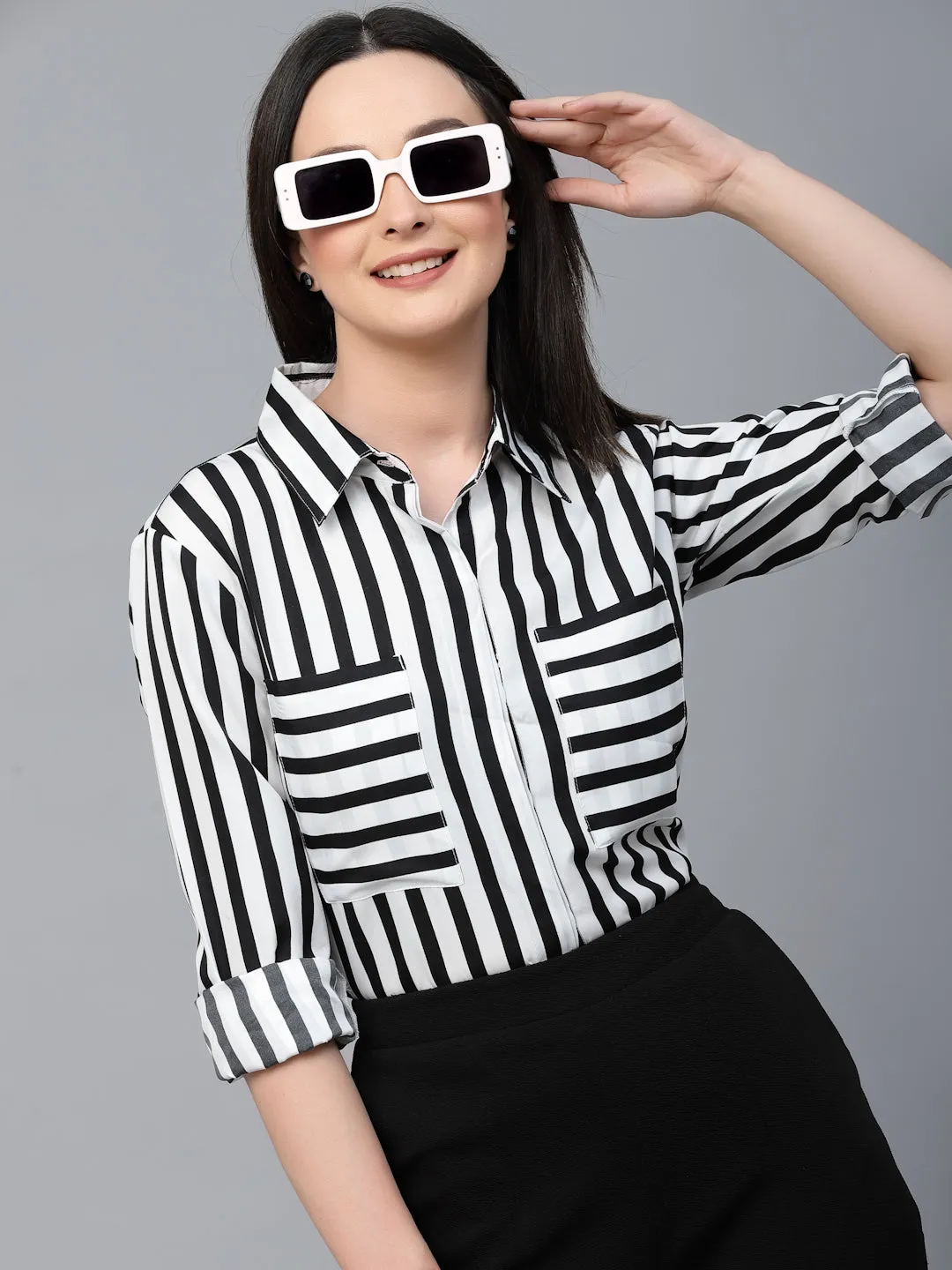 Style Quotient Women Black And White Stripe Polyester Regular Semi Formal Shirt