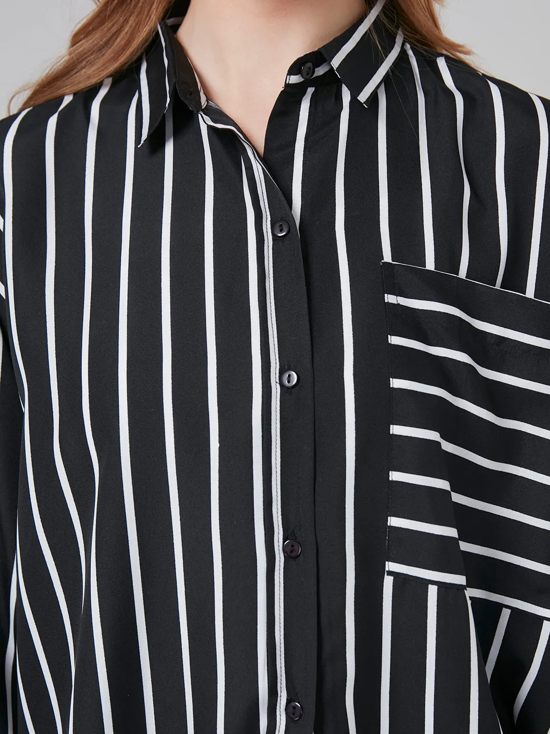 Style Quotient Women Black and White Stripe Printed Poly Crepe Oversized Casual  Shirt