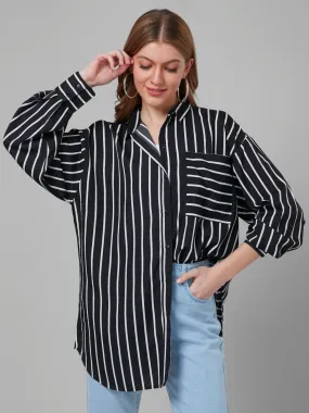 Style Quotient Women Black and White Stripe Printed Poly Crepe Oversized Casual  Shirt