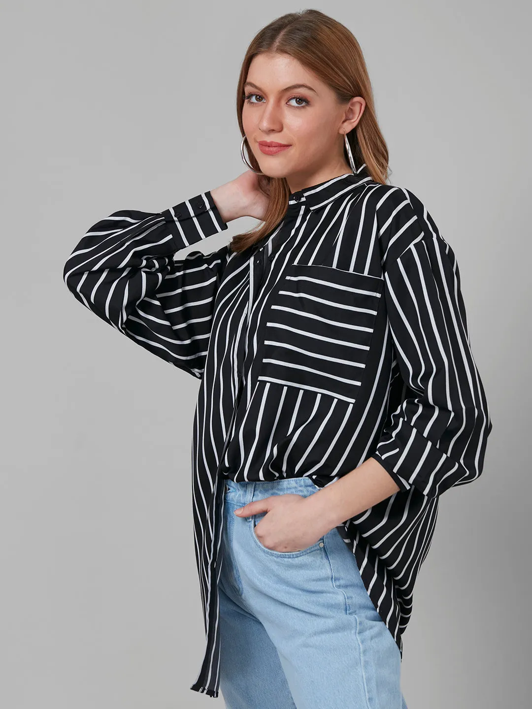 Style Quotient Women Black and White Stripe Printed Poly Crepe Oversized Casual  Shirt