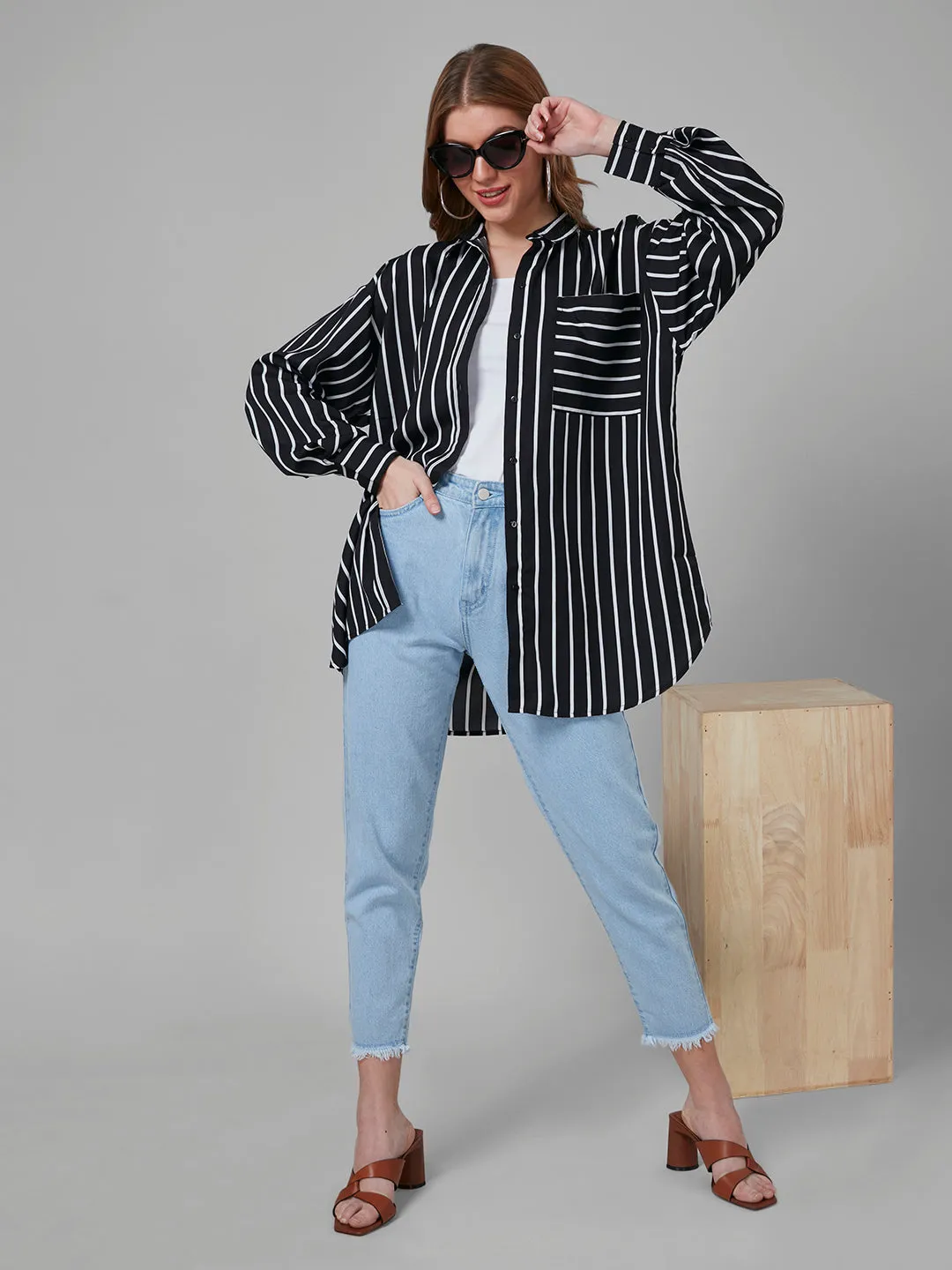 Style Quotient Women Black and White Stripe Printed Poly Crepe Oversized Casual  Shirt