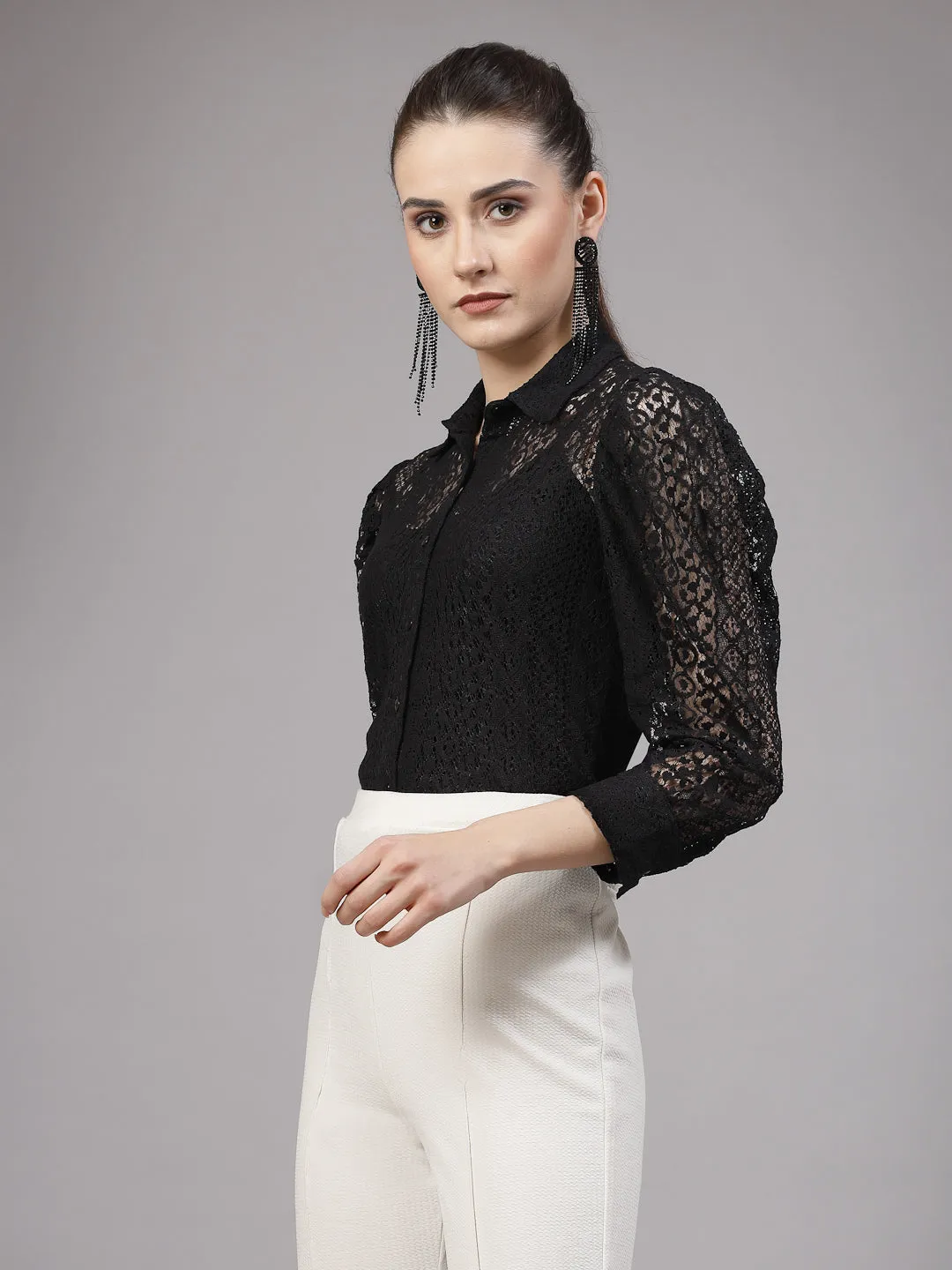 Style Quotient Women Black Lace Power Sleeve Smart Shirt