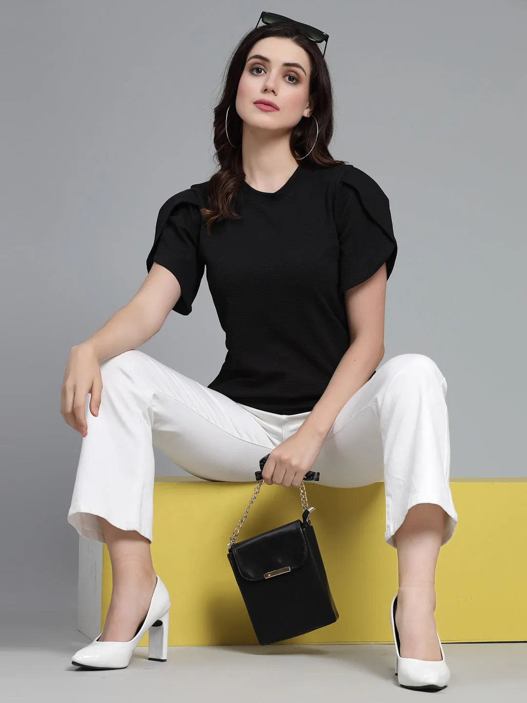 Style Quotient Women Black Poly Knit Smart Casual  Top