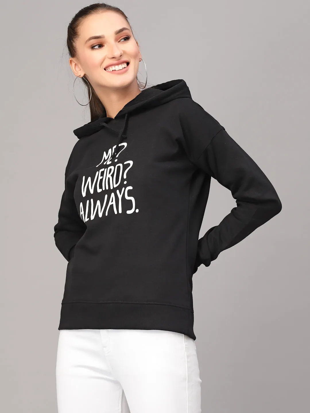 Style Quotient Women Black Printed Hooded Sweatshirt