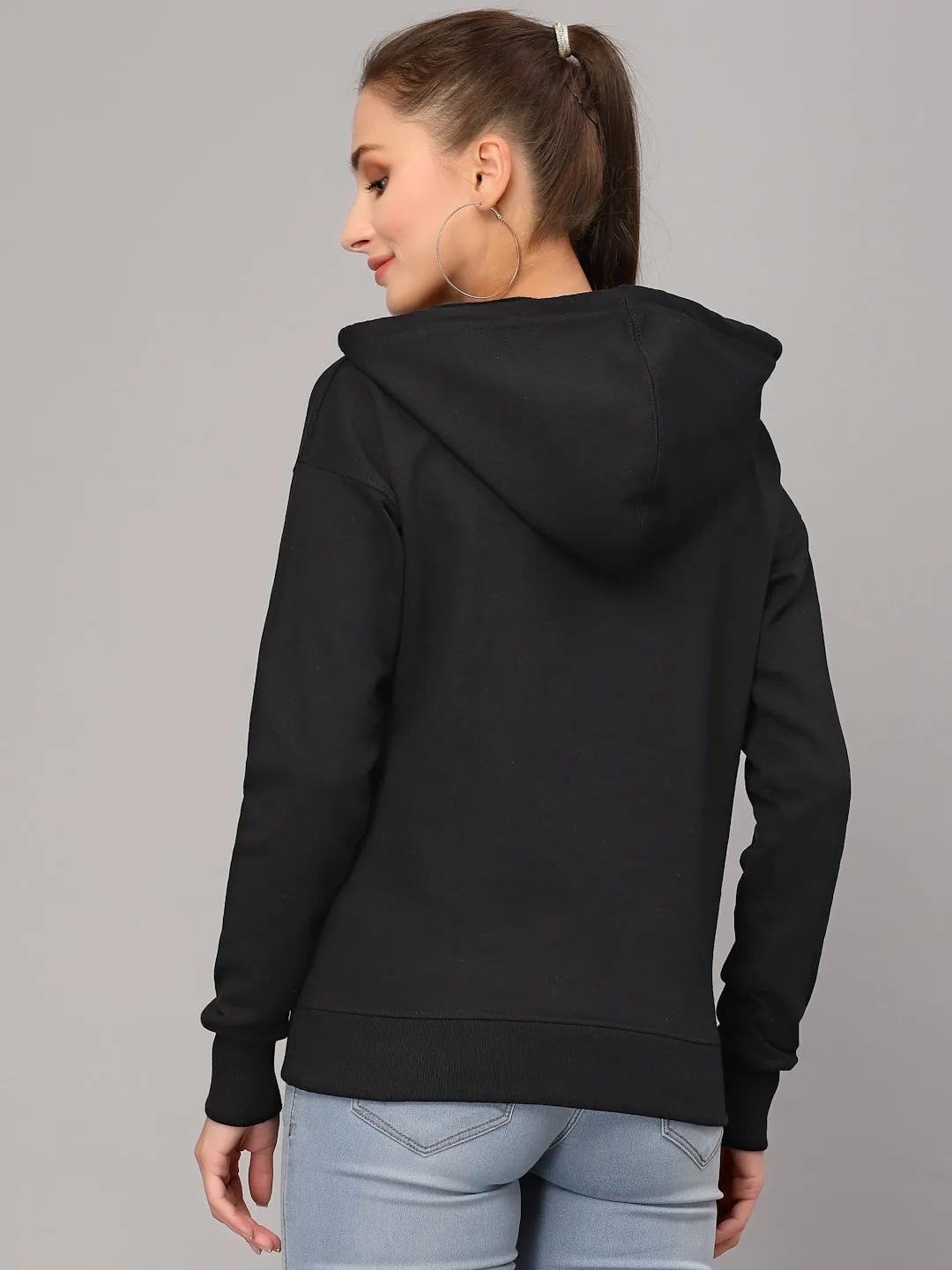 Style Quotient Women Black Printed Hooded Sweatshirt