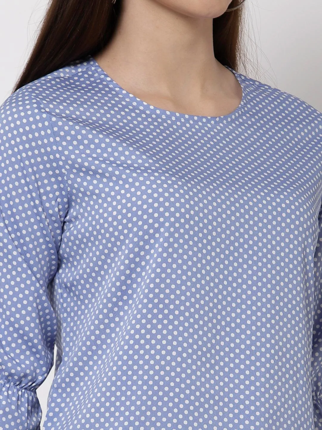 Style Quotient Women Blue And White Polka Dot Printed Polyester Smart Casual Top