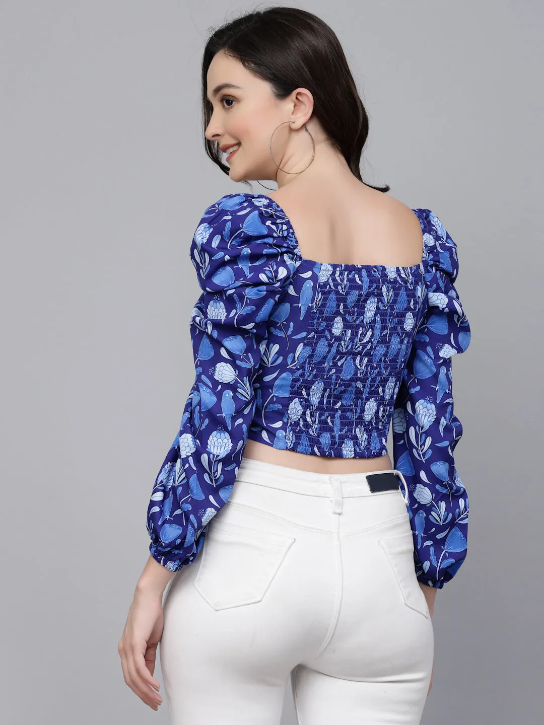 Style Quotient Women Blue Floral Printed polyester Regular Smart Casual Top