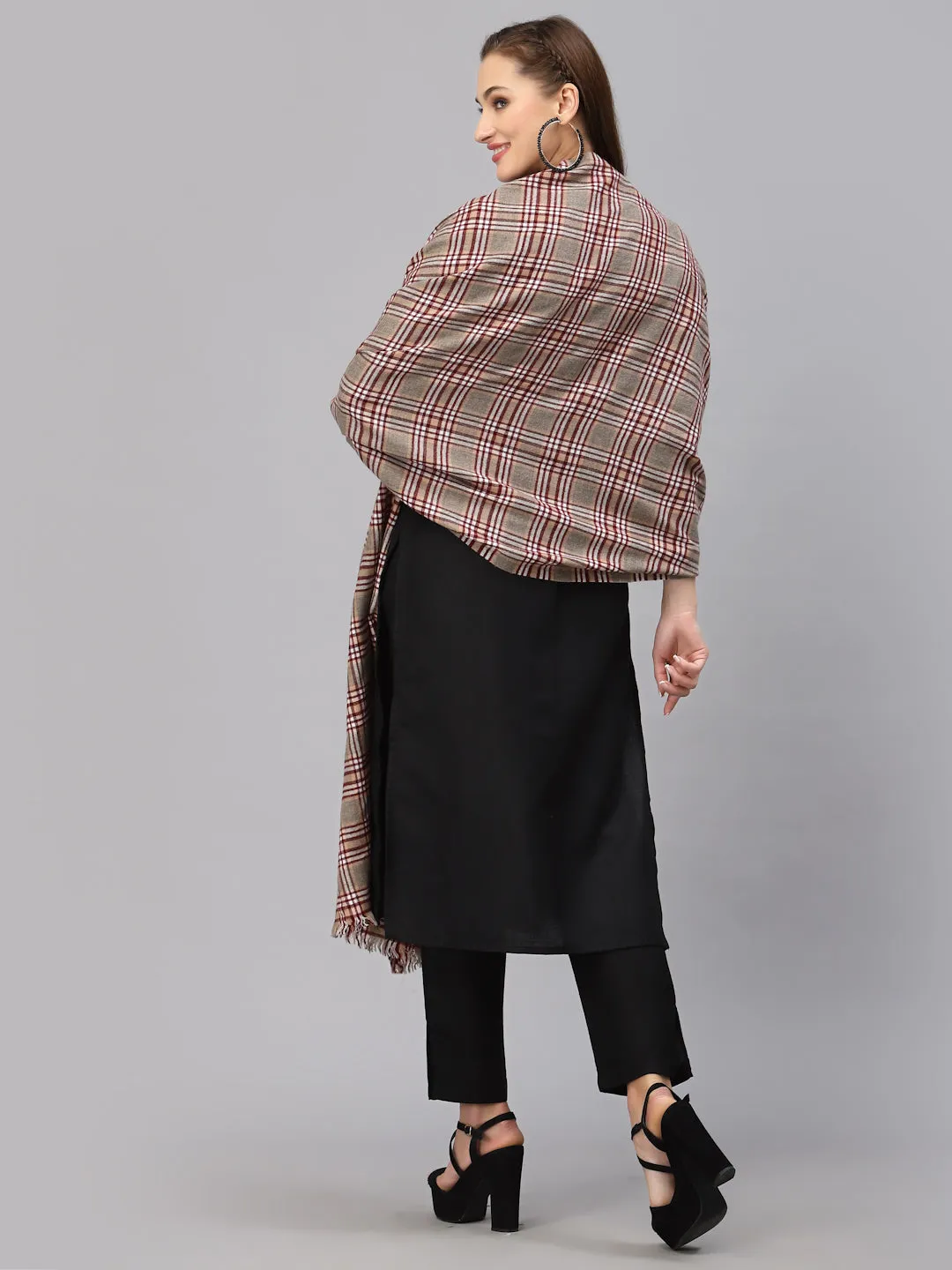 Style Quotient Women Camel Brown Checked Woven-Design Shawl